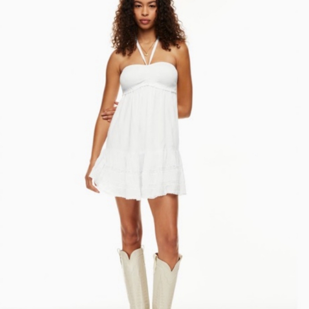 NWT Wilfred Aritzia Azalea Dress White Smocked Mini Halter $118 Sz 2XS
